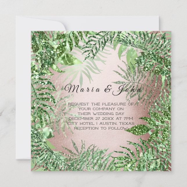 Tropische Blätter Glitzer Garden Rose Gold Minze G Einladung (Vorderseite)