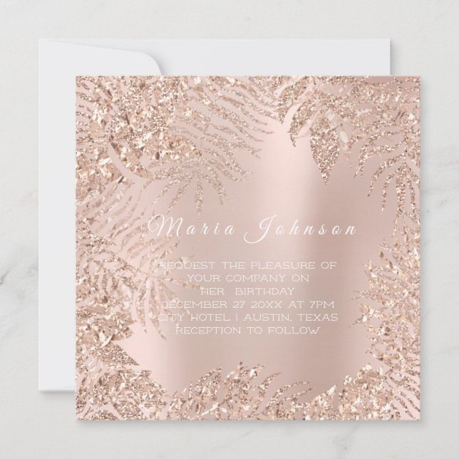 Tropische Blätter Glitzer Garten Rosa Rose Rosa Einladung (Vorderseite)