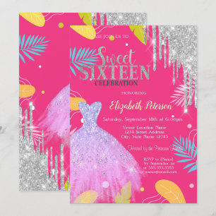 Tropische Blätter Glitzer Kleid Rosa Sweet 16 Einladung