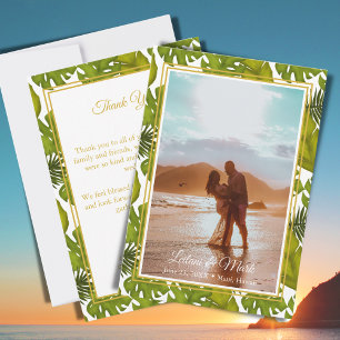 Tropische Blätter Gold Hochzeit in Urlaubsort Foto Dankeskarte