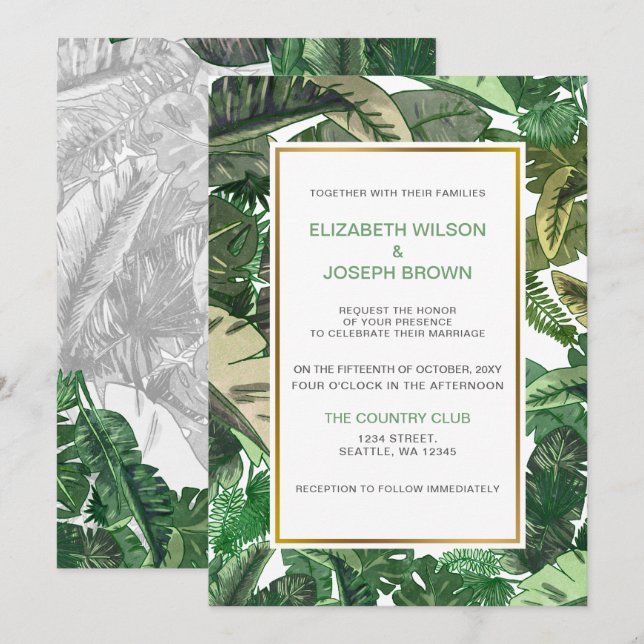 Tropische Blätter Goldgrün botanische Hochzeit Einladung (Vorne/Hinten)