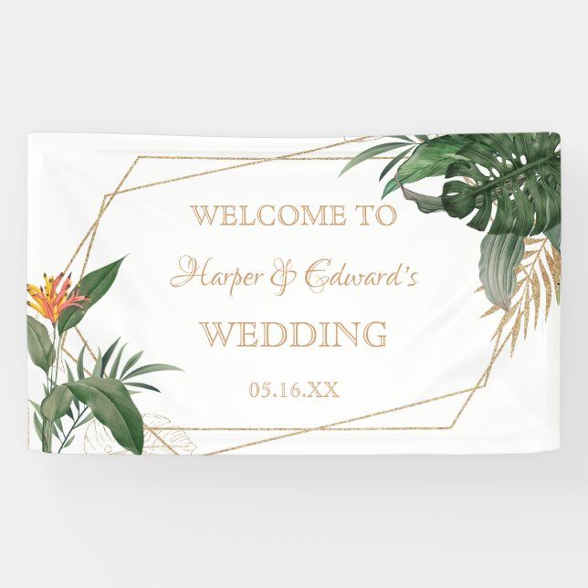 Tropische Blätter Goldrahmen-Hochzeit Banner (Horizontal)