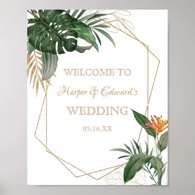 Tropische Blätter Goldrahmen-Hochzeit Poster (Vorne)