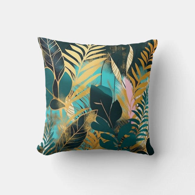 Tropische Blätter Grün-Gold-Rosa Moderne Kissen (Vorderseite)