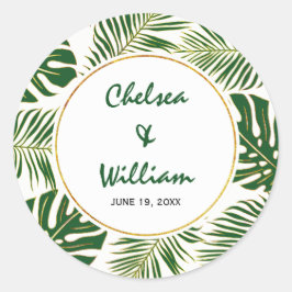 Tropische Blätter Grün Gold Save the Date Hochzeit Runder Aufkleber