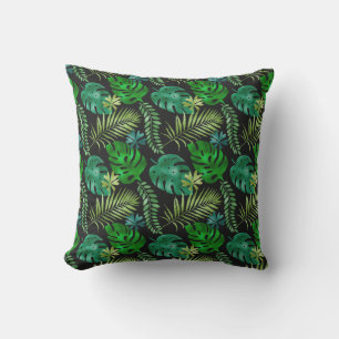 Tropische Blätter Grün Schwarz Iridescent Shiny Kissen