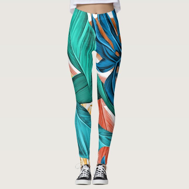 Tropische Blätter grün und blau Leggings (Vorderseite)