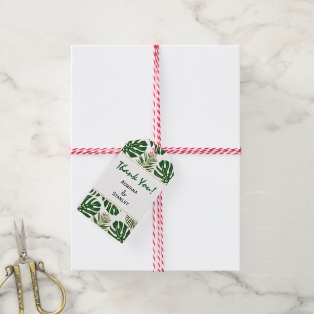 Tropische Blätter Grün und Gold Hochzeit Danke Geschenkanhänger (Mit Garn)
