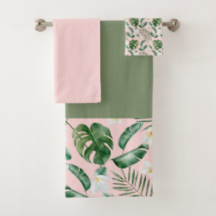 Tropische Blätter grün und rosa Badhandtuch Set