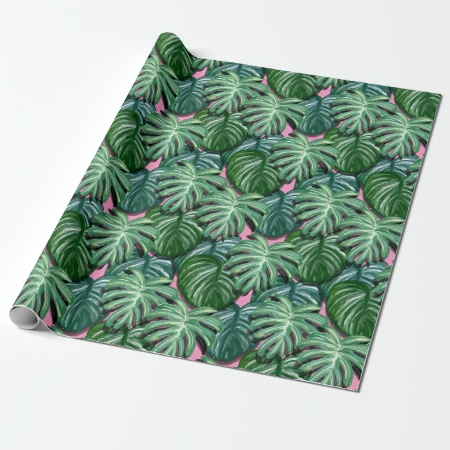 Tropische Blätter grün und rosa Geschenkpapier (Ungerollt)