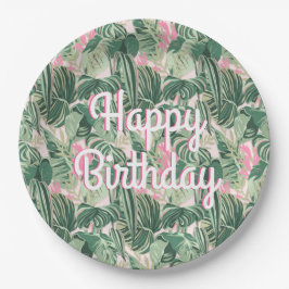 Tropische Blätter grün und rosa | Happy Birthday Pappteller