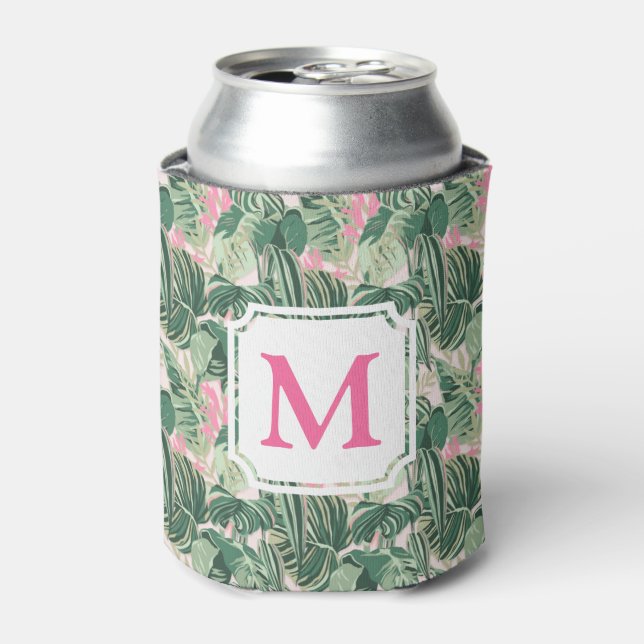 Tropische Blätter grün und rosa | Monogram Cabana  Dosenkühler (Kanne Vorderseite)