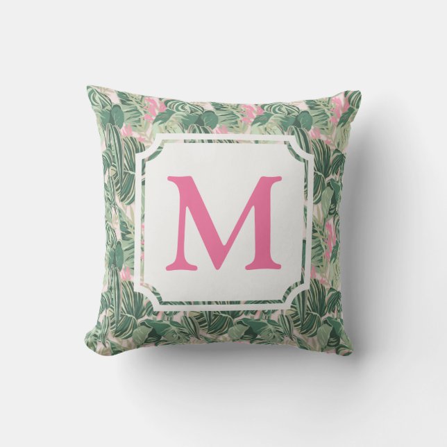 Tropische Blätter grün und rosa | Monogram Cabana Kissen (Vorderseite)