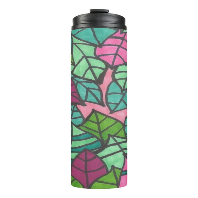 Tropische Blätter grün und rosa  Thermosbecher (Vorderseite)