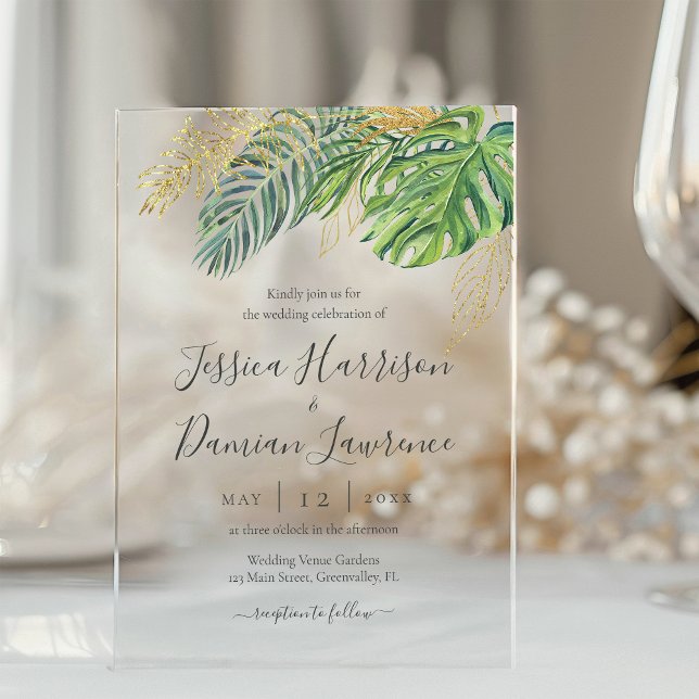 Tropische Blätter Grüne Goldfolienhochzeit Acryleinladungen (Von Creator hochgeladen)