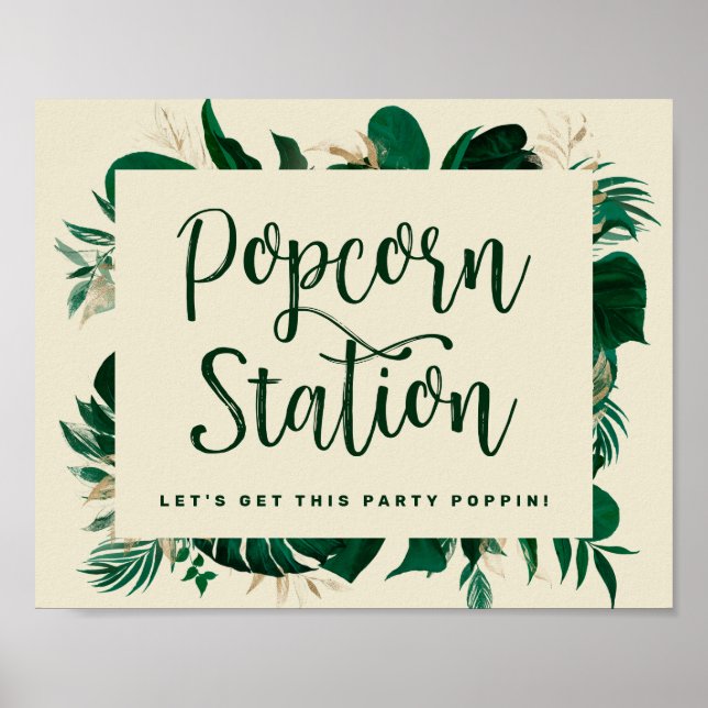 Tropische Blätter Grüne Popcorn-Station Hochzeit Poster (Vorne)
