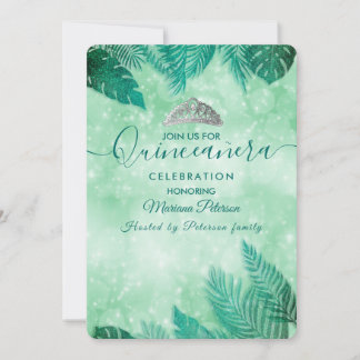 Tropische Blätter Grüne Tiara Sommer Quinceañera Einladung