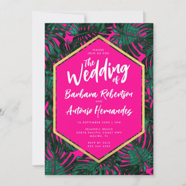 Tropische Blätter Heiß rosa Grüne Hochzeit Einladung (Vorderseite)
