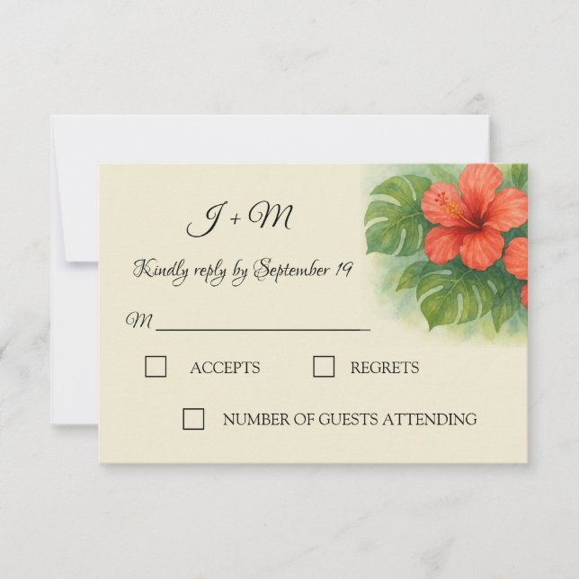 Tropische Blätter Hibiskus Blume Hochzeit RSVP (Vorderseite)