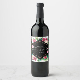 Tropische Blätter Hibiskus Flamingo Wedding Wein Weinetikett