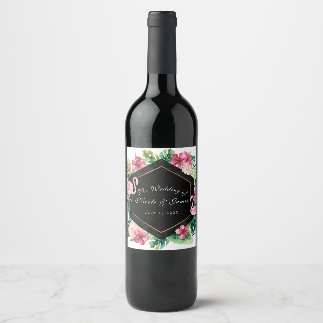 Tropische Blätter Hibiskus Flamingo Wedding Wein Weinetikett (Vorderseite)