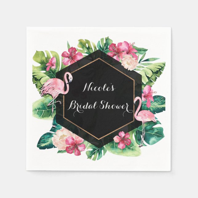 Tropische Blätter Hibiskus Flamingos Elegantes Par Serviette (Vorderseite)