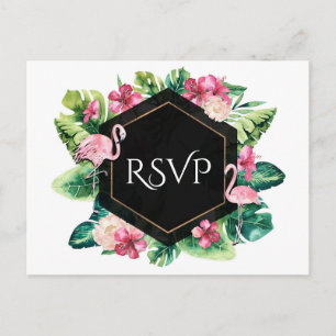 Tropische Blätter Hibiskus Flamingos Hochzeit RSVP Einladungspostkarte