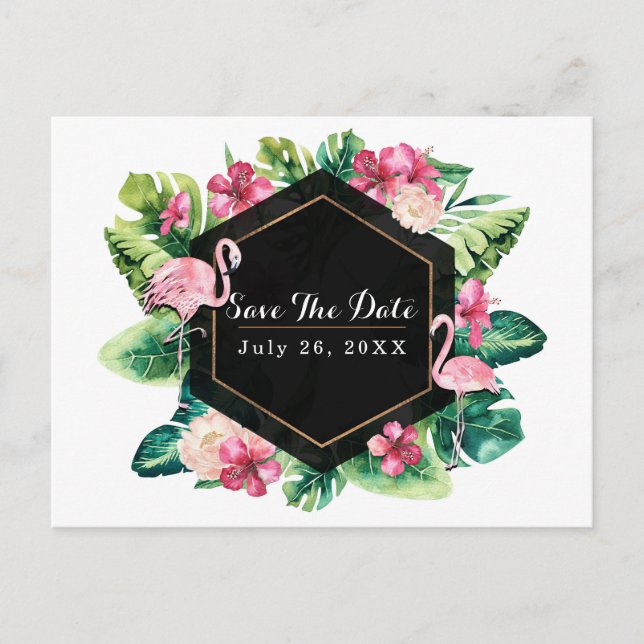 Tropische Blätter Hibiskus Flamingos Save the Date Ankündigungspostkarte (Vorderseite)