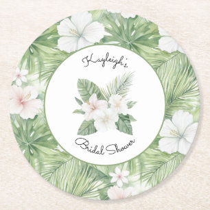 Tropische Blätter Hibiskus Floral Brautparty Runder Pappuntersetzer
