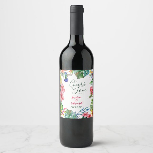 Tropische Blätter Hibiskus Hawaiianische Hochzeit Weinetikett (Vorderseite)