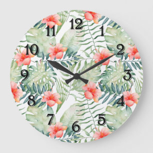 Tropische Blätter Hibiskus Wasserfarbe Große Wanduhr