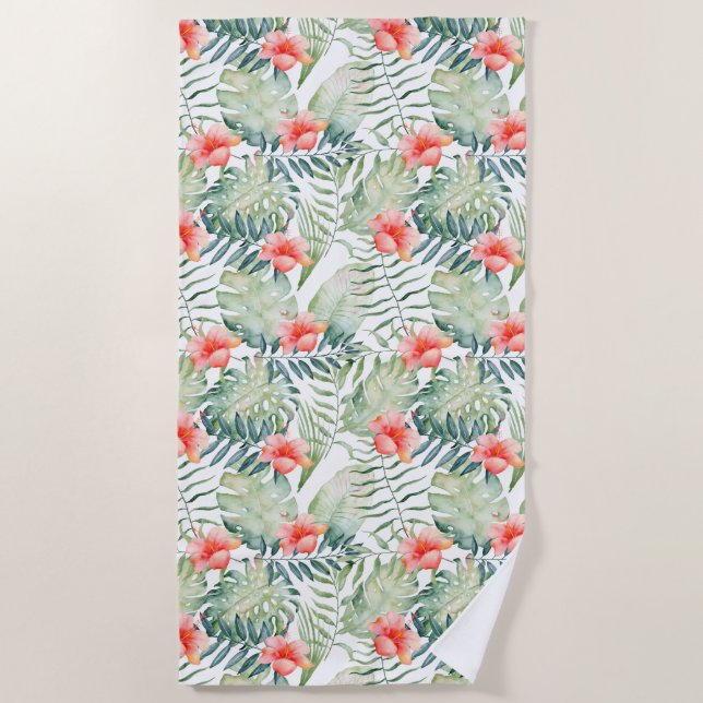 Tropische Blätter Hibiskus Wasserfarbe Strandtuch (Vorderseite)