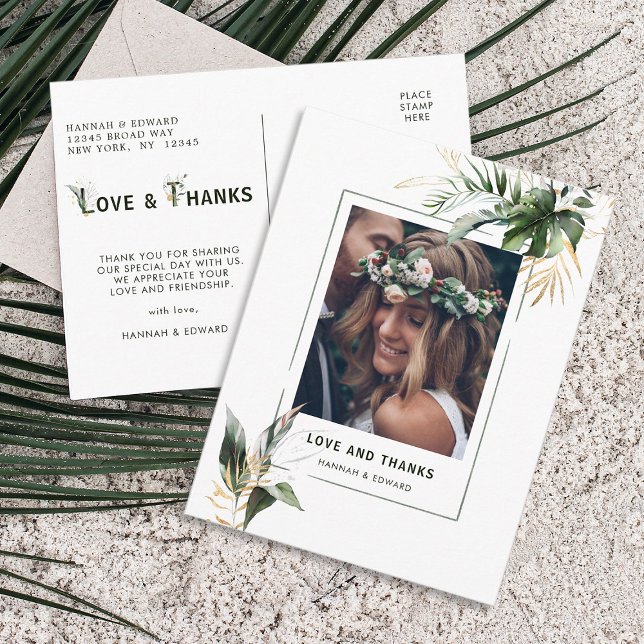 Tropische Blätter Hochzeit Foto Vielen Dank Postkarte (Front & Back)