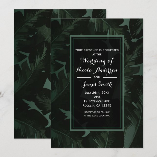 Tropische Blätter Hochzeit mit Grün und Schwarz Einladung (Vorne/Hinten)