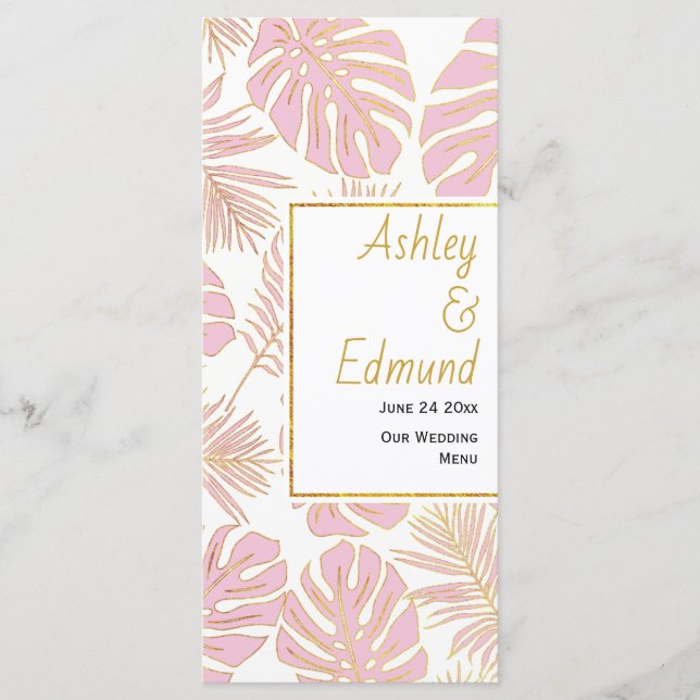 Tropische Blätter - Hochzeitskarte Rosa und Gold Menükarte (Vorderseite)