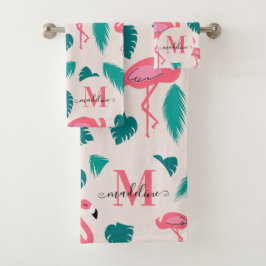 Tropische Blätter Hot Pink Flamingo Modernes Monog Badhandtuch Set