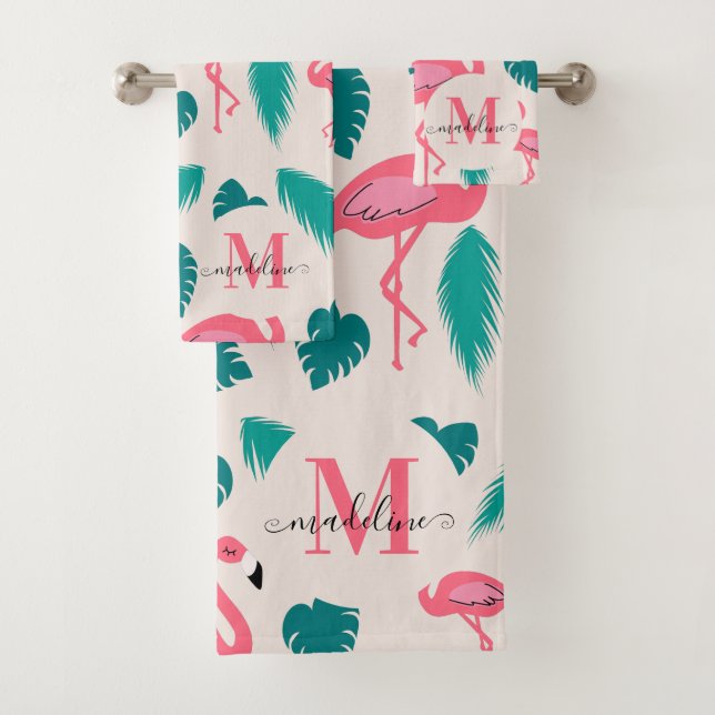 Tropische Blätter Hot Pink Flamingo Modernes Monog Badhandtuch Set (Insitu)