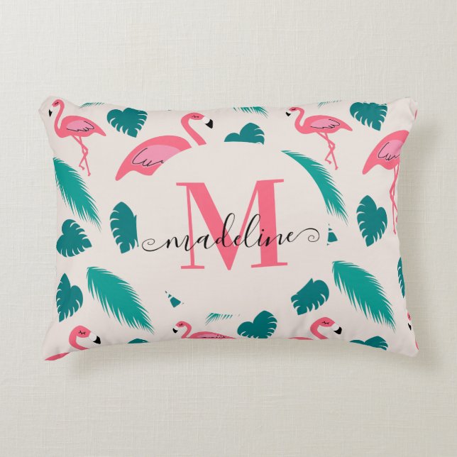 Tropische Blätter Hot Pink Flamingo Modernes Monog Dekokissen (Vorderseite)