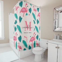 Tropische Blätter Hot Pink Flamingo Modernes Monog Duschvorhang