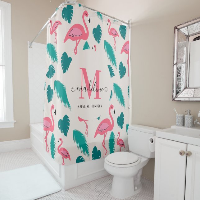 Tropische Blätter Hot Pink Flamingo Modernes Monog Duschvorhang (Beispiel)