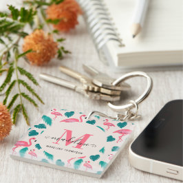 Tropische Blätter Hot Pink Flamingo Modernes Monog Schlüsselanhänger
