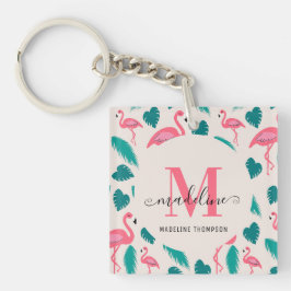 Tropische Blätter Hot Pink Flamingo Modernes Monog Schlüsselanhänger