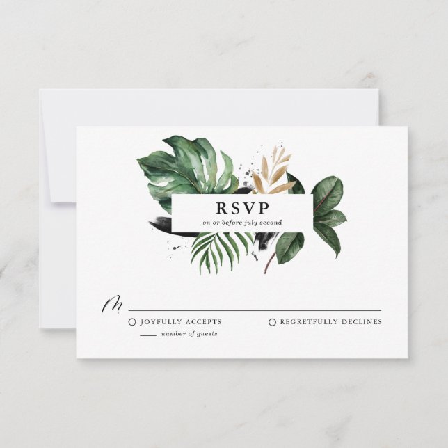 Tropische Blätter Imitate Gold Foil Hochzeit RSVP (Vorderseite)