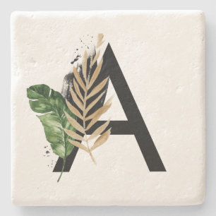 Tropische Blätter Imitate Gold Foil Letter A Mono Steinuntersetzer