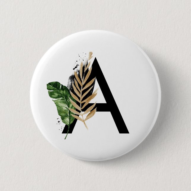 Tropische Blätter Imitate Gold Foil Letter A Monog Button (Vorderseite)