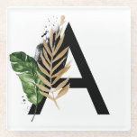 Tropische Blätter Imitate Gold Foil Letter A Monog Glasuntersetzer<br><div class="desc">Tropische Blätter Imitate Gold Foil Letter A Monogram Untersetzer | Boho Monogramm Untersetzer mit tropischen Aquarellfarben-Blätter mit Imitaten Goldfolienakzent. Dieser tropische Untersetzer ist ideal für den Sommer. Dieses Design ist in anderen Artikeln verfügbar.</div>