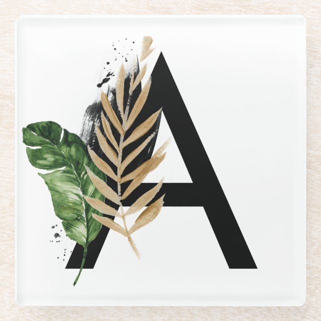 Tropische Blätter Imitate Gold Foil Letter A Monog Glasuntersetzer (Vorderseite)