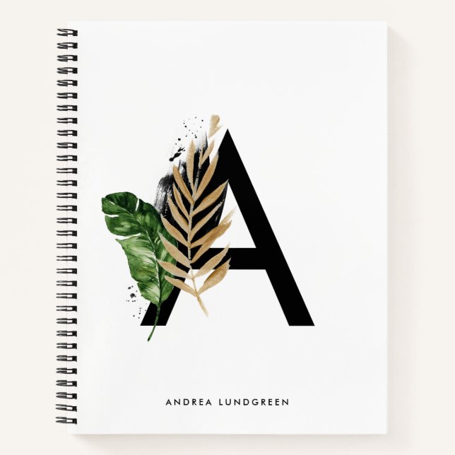 Tropische Blätter Imitate Gold Foil Letter A Monog Notizbuch (Vorderseite)