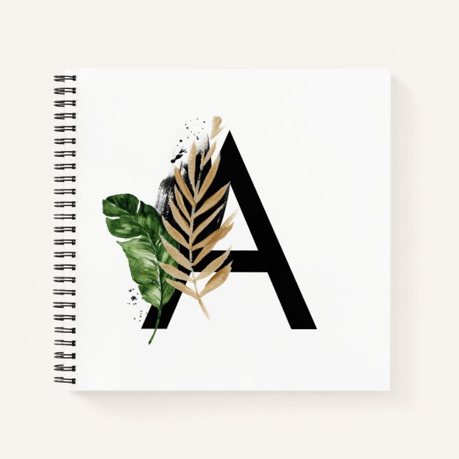 Tropische Blätter Imitate Gold Foil Letter A Monog Notizbuch (Vorderseite)