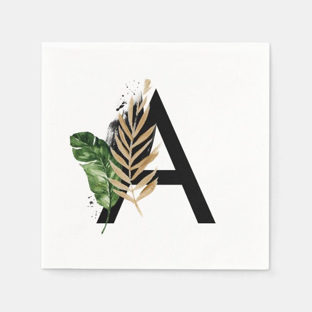 Tropische Blätter Imitate Gold Foil Letter A Monog Serviette (Vorderseite)